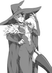 Rule 34 | 1girl, blazblue, breasts, cape, center opening, cleavage, earrings, eight (blazblue), gloves, greyscale, hat, jewelry, long hair, monochrome, sami (object dump), solo