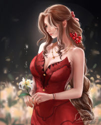 Rule 34 | 1girl, aerith gainsborough, aerith gainsborough (red dress), bare arms, bracelet, breasts, brown hair, cleavage, donyta, dress, final fantasy, final fantasy vii, final fantasy vii remake, flamenco dress, floral background, flower, green eyes, hair flower, hair ornament, hair over one eye, hair ribbon, highres, holding, holding flower, jewelry, long hair, medium breasts, multiple necklaces, nail polish, parted bangs, red dress, ribbon, sidelocks, solo, strapless, strapless dress, upper body, very long hair, wall market, wavy hair, white flower