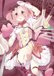 Rule 34 | 1girl, :o, arm up, blush, bow, bow choker, butter knife, buttons, chocolate, chocolate on body, chocolate on legs, choker, collarbone, commentary, dress, dress bow, food, food on body, fork, frilled dress, frilled sleeves, frills, from above, fruit, gloves, hair bow, highres, in food, itouchaba, kaname madoka, kneehighs, knees up, layered dress, looking at viewer, lying, madoka runes, magical girl, mahou shoujo madoka magica, mahou shoujo madoka magica (anime), mini person, minigirl, multicolored clothes, multicolored dress, multiple hair bows, on back, open mouth, pink dress, pink eyes, pink hair, pocky, pov, raised eyebrows, red bow, red choker, red footwear, shoes, short sleeves, socks, solo, strawberry, two side up, whipped cream, white dress, white gloves, white socks, yellow dress