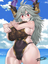 Rule 34 | 10s, 1girl, artist name, bare shoulders, blush, breasts, cameltoe, cloud, covered navel, curvy, day, draph, granblue fantasy, grey hair, grin, hair between eyes, horns, huge breasts, long hair, looking at viewer, obui, ocean, one-piece swimsuit, outdoors, red eyes, sideboob, skindentation, sky, smile, solo, standing, swimsuit, teeth, thick thighs, thighs, threo (granblue fantasy), water, wide hips