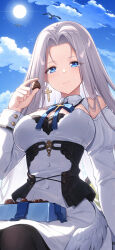 Rule 34 | 1girl, artist request, azur lane, bird, blue eyes, chinese commentary, chocolate, cloud, cloudy sky, cross, cross earrings, day, earrings, food, happy valentine, highres, holding, holding chocolate, holding food, jewelry, long hair, looking at viewer, official art, pantyhose, sky, white hair, yorktown (azur lane), yorktown ii (azur lane)