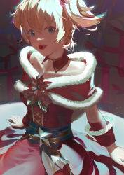 Rule 34 | 1girl, absurdres, bare shoulders, blonde hair, blue ribbon, capelet, cherry, christmas, christmas present, collarbone, commentary, cowboy shot, cross-laced clothes, daiba nana, detached collar, detached sleeves, dress, flower, food, food in mouth, frilled sleeves, frills, fruit, fur-trimmed capelet, fur trim, gift, green eyes, hair between eyes, hair ribbon, highres, indoors, light particles, looking at viewer, multicolored ribbon, off shoulder, official alternate costume, parted lips, red capelet, red dress, red flower, red ribbon, ribbon, saliva, santa costume, shadow, short hair, short sleeves, short twintails, shoujo kageki revue starlight, shoujo kageki revue starlight -re live-, smile, solo, spotlight, striped ribbon, teeth, tongue, tongue out, twintails, upper teeth only, wannatchears, yellow ribbon