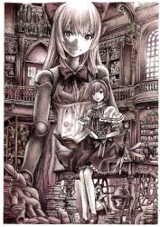 Rule 34 | 1girl, alice margatroid, book, book stack, doll, doll joints, female focus, goliath doll, highres, joints, monochrome, nobita (makoto7060355), purple theme, shanghai doll, solo, spell card, touhou, traditional media
