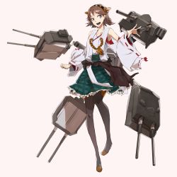 Rule 34 | 10s, 1girl, armpits, bad id, bad pixiv id, brown hair, detached sleeves, full body, hair ornament, hairband, happy, hiei (kancolle), kantai collection, katsuragi (osaka8o2), looking at viewer, open mouth, pantyhose, short hair, simple background, skirt, smile, solo, standing, thighhighs, thighs, turret