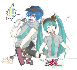 Rule 34 | !, !!, 1boy, 1girl, anger vein, bad id, bad pixiv id, blood, blood from mouth, blue hair, cold stone, cooking, hatsune miku, kaito (vocaloid), kicking, long hair, musical note, quaver, suko mugi, thighhighs, twintails, vocaloid