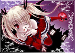 Rule 34 | 1girl, ;p, bad id, bad pixiv id, bat wings, blonde hair, detached sleeves, frilled thighhighs, frills, gothic lolita, kirihara natsuki, lolita fashion, moon, night, night sky, one eye closed, original, red eyes, red moon, sky, solo, thighhighs, tongue, tongue out, twintails, wings, wink