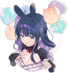 Rule 34 | 1girl, animal ears, balloon, breasts, bridal gauntlets, cleavage, closed mouth, commentary request, cropped shoulders, genshin impact, hair ornament, holding, holding balloon, japanese clothes, large breasts, long hair, mole, mole under eye, purple eyes, raiden shogun, saku nosuke, simple background, solo, white background