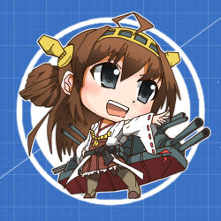 Rule 34 | 10s, 1girl, boots, brown hair, chibi, double bun, hair ornament, hairband, kantai collection, kongou (kancolle), long hair, masamu (leonore69), nontraditional miko, open mouth, personification, pleated skirt, skirt, solo, thigh boots, thighhighs