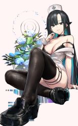 Rule 34 | 1girl, absurdres, bare shoulders, black bra, black choker, black footwear, black hair, black nails, black thighhighs, blue flower, borrowed character, bra, breasts, choker, cleavage, clenched teeth, colored inner hair, commission, flor (freshtango), flower, foreshortening, hand up, hat, highres, hydrangea, knee up, lace, lace-trimmed bra, lace trim, large breasts, long hair, looking at viewer, mole, mole under eye, multicolored hair, nail polish, neonbeat, nurse, nurse cap, off shoulder, original, shirt, shoes, sitting, skindentation, solo, strap slip, teeth, thighhighs, thighs, two-tone hair, underwear, very long hair, white background, white shirt, wrist cuffs