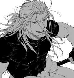 Rule 34 | 1boy, bara, covered abs, facial hair, feet out of frame, from above, goatee, greyscale, highres, holding, holding weapon, large pectorals, long hair, looking at viewer, male focus, mature male, monochrome, muscular, muscular male, original, pectorals, sheath, shirt, short sleeves, solo, thick eyebrows, tight clothes, tight shirt, unsheathing, weapon, yomotsuki road