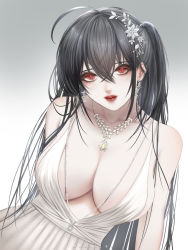 Rule 34 | 1girl, ahoge, artist name, azur lane, backless dress, backless outfit, black hair, breasts, center opening, cleavage, cocktail dress, dress, earrings, evening gown, gradient background, grey background, hair between eyes, hair strand, hein xu, highres, jewelry, large breasts, long hair, looking at viewer, necklace, official alternate costume, plunging neckline, red eyes, red lips, satin dress, sleeveless, sleeveless dress, solo, taihou (azur lane), taihou (temptation on the sea breeze) (azur lane), upper body, very long hair, white dress