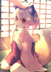 Rule 34 | 1girl, animal ear fluff, animal ears, backlighting, barefoot, blurry, blurry background, blush, chita (ketchup), commentary request, covered mouth, depth of field, fox ears, fox girl, fox tail, grey hair, hair between eyes, hands up, headpat, highres, indoors, japanese clothes, kimono, long sleeves, on floor, original, out of frame, pleated skirt, red eyes, red skirt, signature, sitting, skirt, solo focus, sunlight, tail, twintails, wariza, white kimono, wide sleeves