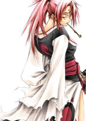 Rule 34 | 1girl, arc system works, baiken, closed eyes, facial mark, forehead mark, from behind, guilty gear, japanese clothes, kimono, kiseru, looking back, pink hair, pipe in mouth, ponytail, scar, simple background, smoking pipe, solo, tattoo, white background