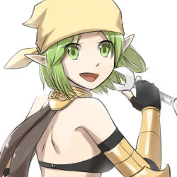 Rule 34 | 1girl, armor, back, bandana, bikini, black bikini, black gloves, breasts, chain, commentary request, elbow gloves, fingerless gloves, gloves, green eyes, green hair, holding, holding wrench, jewelry, looking at viewer, looking back, mechanic (ragnarok online), medium breasts, natsuya (kuttuki), necklace, open mouth, pointy ears, ragnarok online, short hair, simple background, smile, solo, swimsuit, upper body, vambraces, white background, wrench, yellow armor, yellow bandana, yellow headwear