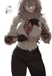 0_0 2girls absurdres arm_tattoo black_gloves black_pants blood blood_on_face breasts chest_tattoo collared_shirt doodle_inset dragon_tattoo gloves grin highres honkai:_star_rail honkai_(series) kafka_(honkai:_star_rail) large_breasts long_hair masoq multiple_girls pants partially_unbuttoned shirt shirt_tucked_in sleeves_rolled_up smile stelle_(honkai:_star_rail) tattoo trailblazer_(honkai:_star_rail) yellow_eyes