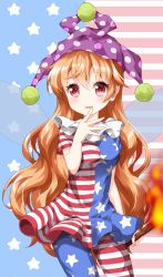Rule 34 | 1girl, american flag background, american flag dress, american flag legwear, blonde hair, clownpiece, fairy wings, finger to mouth, fire, frilled shirt collar, frills, hair between eyes, hat, highres, jester cap, long hair, looking at viewer, pantyhose, parted lips, pom pom (clothes), red eyes, ruu (tksymkw), short sleeves, smile, solo, torch, touhou, very long hair, wavy hair, wings