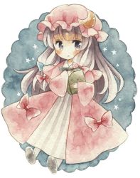 Rule 34 | 1girl, :&lt;, bonnet, book, bow, dress, kagome f, long hair, looking at viewer, painting (medium), patchouli knowledge, solo, star (symbol), touhou, traditional media, watercolor (medium)