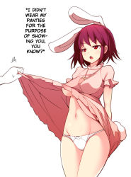 Rule 34 | 1girl, :o, aged up, animal ears, assisted exposure, blush, breasts, carrot, clothes lift, dress, dress lift, extra ears, female focus, groin, hard-translated, inaba tewi, ippongui, jewelry, jitome, large breasts, midriff, navel, necklace, no bra, panties, pendant, purple hair, rabbit ears, rabbit tail, red eyes, short hair, simple background, skirt, skirt lift, solo focus, tail, third-party edit, touhou, translated, truth, underboob, underwear, upskirt, white background, white panties