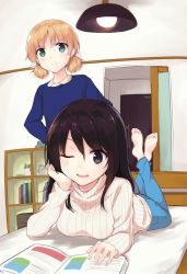 Rule 34 | 2girls, aki (girls und panzer), arm support, barefoot, bed, bedroom, blue eyes, blue pants, blue sweater, book, bookshelf, brown eyes, brown hair, casual, closed mouth, commentary request, girls und panzer, hands on own hips, head rest, indoors, light brown hair, long hair, long sleeves, looking at another, lying, mika (girls und panzer), multiple girls, no headwear, on stomach, one eye closed, pants, parted lips, ribbed sweater, shirt, short hair, smile, standing, sweater, textless version, white shirt, yuuri (orz commushows)
