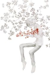 Rule 34 | 1boy, barefoot, blood, blood on face, branch, collared shirt, flower, grey flower, grey hair, grey pants, hair over eyes, highres, impaled, long sleeves, original, pants, red flower, shadow, shirt, short hair, solo, spot color, tembin 3, white shirt