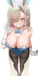 Rule 34 | 1girl, absurdly long hair, absurdres, animal ears, asuna (blue archive), asuna (bunny) (blue archive), bare shoulders, blue archive, blue eyes, blue leotard, blush, bow, bowtie, breasts, brown hair, brown pantyhose, cleavage, collarbone, commentary, covered navel, detached collar, fake animal ears, gloves, grin, hair over one eye, hairband, halo, hand up, highres, large breasts, leotard, long hair, looking at viewer, mole, mole on breast, official alternate costume, pantyhose, playboy bunny, rabbit ears, smile, solo, strapless, strapless leotard, suisen (suisenhwa), thighband pantyhose, very long hair, white gloves