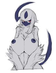Rule 34 | 1girl, absol, absurdres, breasts, creatures (company), female focus, furry, furry female, game freak, gen 3 pokemon, half-closed eyes, highres, horns, huge breasts, jpeg artifacts, looking to the side, navel, nintendo, nipples, nude, personification, pokemon, pokemon (creature), pokemon rse, red eyes, short hair, simple background, single horn, sketch, solo, tail, upper body, v arms, wan-x3, white background, white hair