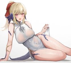 Rule 34 | 1girl, arm support, asymmetrical bangs, au ra, blonde hair, blue horns, blue scales, blush, bow, breasts, china dress, chinese clothes, clothes lift, commission, covered erect nipples, covered navel, dragon girl, dragon horns, dragon tail, dress, dress lift, final fantasy, final fantasy xiv, gradient background, hair bow, highres, horns, large breasts, long hair, looking at viewer, open mouth, ponytail, red bow, red eyes, scales, see-through, see-through dress, side slit, sidelocks, simple background, sitting, skeb commission, sleeveless, sleeveless dress, solo, sweat, tail, thighs, torisanff14, warrior of light (ff14), wet, wet clothes, wet dress, white dress, yokozuwari