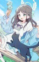 1girl :d airi_(band)_(blue_archive) airi_(blue_archive) animal bench black_cat blue_archive blue_jacket blue_sky blush bow brown_hair cat cloud food green_bow green_eyes green_halo hair_bow hair_intakes halo highres holding holding_food holding_ice_cream holding_ice_cream_cone ice_cream ice_cream_cone jacket long_hair long_sleeves official_alternate_costume on_bench open_clothes open_jacket open_mouth pleated_skirt print_shirt shirt shirt_tucked_in sitting skirt sky sleeves_past_wrists smile socks solo t-shirt usukawa_(uskw_sr) white_shirt white_skirt white_socks