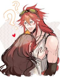 Rule 34 | 1boy, 1girl, :3, ?, blank eyes, blush, blush stickers, brown hair, cardia beckford, code:realize, confused, face to pecs, goggles, goggles on head, heart, hetero, highres, impey barbicane, kash-phia, long hair, pectoral cleavage, pectorals, red hair, wavy hair