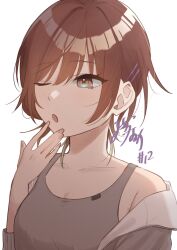 Rule 34 | 1girl, aketa mikoto, breasts, brown eyes, brown hair, collarbone, finger to own chin, fingernails, grey jacket, grey tank top, hair intakes, hair ornament, hairclip, hand up, highres, idolmaster, idolmaster shiny colors, jacket, long sleeves, looking to the side, medium breasts, mitora nao, off shoulder, one eye closed, open mouth, short hair, simple background, solo, tank top, tearing up, upper body, white background