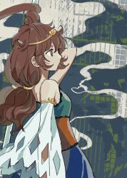 Rule 34 | 1girl, absurdres, blue dress, brown eyes, brown hair, circlet, detached sleeves, dress, from side, green dress, highres, kaigen 1025, long hair, low twintails, monkey tail, multicolored clothes, multicolored dress, orange dress, profile, single detached sleeve, solo, son biten, tail, touhou, twintails, upper body, white sleeves