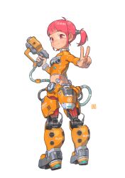 Rule 34 | 1girl, blunt bangs, closed mouth, female focus, from behind, full body, gun, highres, holding, holding gun, holding weapon, looking at viewer, looking back, mecha musume, mechanical parts, opossumachine, original, pink eyes, pink hair, simple background, solo, standing, v, weapon, white background