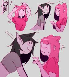 Rule 34 | 2girls, ?, absurdres, adventure time, black hair, blush, closed mouth, colored skin, fangs, fangs out, grey skin, highres, marceline abadeer, multiple girls, parted lips, pink hair, pink skin, pointy ears, princess bonnibel bubblegum, steamylite, sweatdrop, yuri