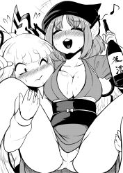 Rule 34 | +++, 2girls, absurdres, animal ears, arm up, blush, bottle, bow, breasts, carrying, cleavage, closed eyes, commentary request, drunk, flying sweatdrops, fujiwara no mokou, greyscale, hair bow, head scarf, heart, heart in mouth, highres, himajin noizu, holding, holding bottle, large breasts, long hair, monochrome, multiple girls, musical note, mystia lorelei, nose blush, obi, okamisty, one eye closed, open mouth, panties, quaver, sake bottle, sash, short hair, simple background, spread legs, sweat, tasuki, touhou, underwear, white background