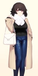 Rule 34 | 1girl, :&lt;, bag, beige background, black hair, black shirt, blue pants, breasts, brown coat, brown eyes, closed mouth, coat, commentary request, denim, dev (dev0614), hand in pocket, hand up, handbag, highres, holding, holding bag, jeans, large breasts, long sleeves, looking at viewer, open clothes, open coat, original, pants, scarf, shirt, sleeves past wrists, solo, torn clothes, torn pants, white scarf