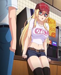 Rule 34 | 1boy, 1girl, aqua eyes, blonde hair, glasses, hat, mankitsu happening, mitsuki otona, screencap, short shorts, shorts, thighhighs