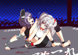 Rule 34 | 2girls, alternate costume, blood, cage, fighting, fingerless gloves, gloves, kantai collection, kashima (kancolle), midriff, mixed martial arts, mma gloves, multiple girls, navel, santos, short hair, shorts, sports bra, submission hold, sweat, tears, tenryuu (kancolle), translation request, trembling, wrestling, wrestling outfit