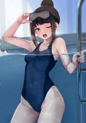 Rule 34 | 1girl, absurdres, black hair, blue one-piece swimsuit, breasts, commentary request, commission, competition swimsuit, cowboy shot, diving mask, diving mask on head, goggles, goggles on head, green eyes, hair bun, hamaguchi ayame, highres, idashige (walkietalkie), idolmaster, idolmaster cinderella girls, looking at viewer, one-piece swimsuit, partially submerged, partially underwater shot, pixiv commission, pool ladder, sidelocks, small breasts, solo, swimsuit, underwater, water