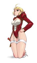 Rule 34 | 10s, 1girl, blonde hair, blush, breasts, covered erect nipples, fate/extra, fate (series), garter straps, green eyes, haruhisky, high heels, highres, large breasts, nero claudius (fate), nero claudius (fate), nero claudius (fate/extra), ribbon, shoes, solo, sweatdrop, sword, weapon