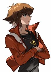 Rule 34 | 1boy, black shirt, brown hair, closed mouth, collarbone, expressionless, hair between eyes, highres, jacket, jewelry, long sleeves, male focus, necklace, open clothes, open jacket, red jacket, sake ygo, shirt, short hair, simple background, solo, upper body, white background, yu-gi-oh!, yu-gi-oh! gx, yuki judai