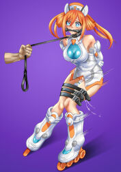 Rule 34 | 1girl, albyee, arms behind back, bare shoulders, bdsm, blue eyes, blush, bondage, bound, breasts, collar, commission, dildo, gag, hair between eyes, hat, leash, long hair, looking at viewer, medium breasts, neptune (series), object insertion, orange hair, orange heart (neptunia), power symbol, power symbol-shaped pupils, purple background, restrained, saliva, sex toy, shin jigen game neptune vii, simple background, slave, sleeveless, solo, symbol-shaped pupils, twintails, vaginal, vaginal object insertion