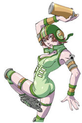 Rule 34 | 1girl, arm up, armlet, armpits, bare shoulders, gum (jsr), jet set radio, looking at viewer, sega, simple background, solo, standing, standing on one leg, thigh strap, white background