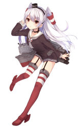 Rule 34 | 10s, 1girl, amatsukaze (kancolle), brown eyes, dress, full body, garter straps, gloves, hair tubes, highres, huuyu 1z, kantai collection, long hair, looking at viewer, open mouth, rensouhou-kun, sailor dress, short dress, silver hair, solo, thighhighs, twintails, two side up, white background, zettai ryouiki