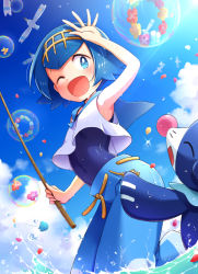 Rule 34 | 1girl, arm up, armpits, bad id, bad pixiv id, blue eyes, blue hair, blue pants, blue sailor collar, blue sky, blush, bright pupils, bubble, cloud, covered navel, creatures (company), day, fishing rod, flower, from below, game freak, gen 3 pokemon, gen 7 pokemon, hairband, holding, holding fishing rod, lana (pokemon), nintendo, ocean, one-piece swimsuit, one eye closed, open mouth, outdoors, pants, petals, pokemon, pokemon (creature), pokemon sm, popplio, sailor collar, school swimsuit, shirt, short hair, sky, sleeveless, sleeveless shirt, splashing, swimsuit, swimsuit under clothes, trial captain, wading, wet, wet clothes, wet hair, wingull, wreath, zattape