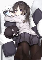 Rule 34 | 1girl, amagai tarou, ass, black hair, black pantyhose, blue eyes, brown hair, cardigan, cat, cellphone, couch, cushion, eyebrows, feet, hair between eyes, hairband, highres, knees together feet apart, legs folded, long hair, long sleeves, looking at viewer, looking back, lying, no shoes, on stomach, ordan, original, pantyhose, phone, pillow, pleated skirt, purple eyes, school uniform, skirt, smartphone, soles, solo, sweat, twintails, twitter username, whiskers