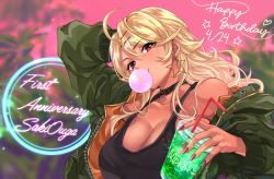Rule 34 | 1girl, ahoge, amaryllis gumi, anniversary, arm behind head, bendy straw, black tank top, blonde hair, blurry, blurry background, breasts, brown eyes, blowing bubbles, character name, chewing gum, choker, cleavage, coat, collarbone, commentary, cup, cursive, dark skin, dark-skinned female, dated, disposable cup, drink, drinking straw, earrings, eyes visible through hair, fingernails, green coat, gyaru, hair ornament, hair over one eye, hairclip, happy birthday, head tilt, heart, highres, jewelry, large breasts, long fingernails, long hair, looking at viewer, melon soda, messy hair, nail polish, open clothes, open coat, ouga saki, pink background, red eyes, red nails, shashaki, solo, star (symbol), star earrings, tank top, unzipped, upper body, virtual youtuber, zipper