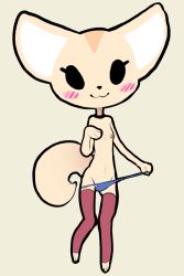 Rule 34 | 10s, 1girl, :3, aggressive retsuko, animal ears, animal hands, barefoot, beige background, black eyes, blue panties, blush, blush stickers, female focus, fennec fox, fenneko, flat chest, fox ears, fox tail, full body, furry, furry female, hand up, highres, itsunknownanon, knees together feet apart, leg warmers, looking at viewer, navel, nipples, panties, panty lift, red legwear, simple background, smile, solo, standing, tail, topless, underwear, underwear only
