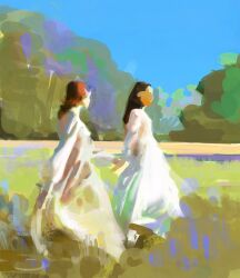 Rule 34 | 2girls, art study, black hair, blue sky, brown hair, commentary, day, dress, english commentary, faux traditional media, field, grass, highres, holding hands, long hair, long sleeves, multiple girls, original, outdoors, photoshop (medium), short hair, sketch, sky, standing, tree, white dress, yuming li