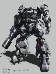 Rule 34 | autocannon, cannon, chiba shinichi, dated, gatling gun, glowing, glowing eye, gouf custom, grey background, gundam, gundam 08th ms team, highres, horns, looking at viewer, mecha, multiple-barrel firearm, no humans, one-eyed, open hand, red eyes, redesign, robot, rotary cannon, science fiction, shield, single horn, solo