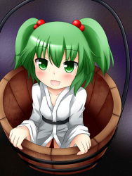 Rule 34 | 1girl, blush, bucket, collarbone, female focus, green eyes, green hair, hair bobbles, hair ornament, highres, in bucket, in container, kisume, long sleeves, matching hair/eyes, open mouth, short hair, solo, touhou, twintails, wide sleeves, yuyumi (yuurei)